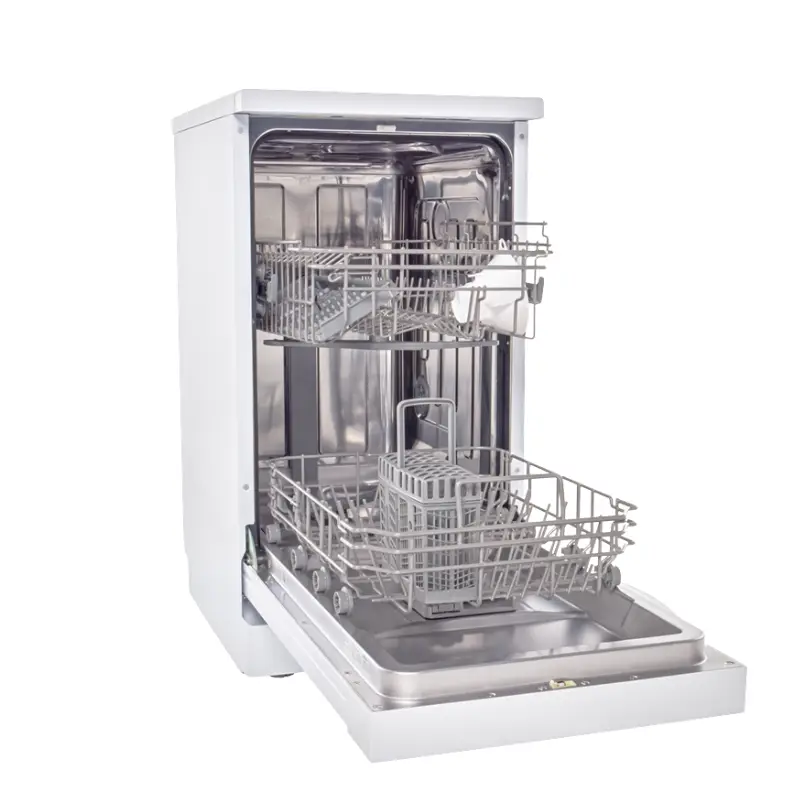 VIVAX HOME DW-45942B 45cm white freestanding dishwasher with 9 place settings front side view open door