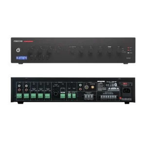 FON PROX-240Z 240W RMS professional PA amplifier with Bluetooth, USB MP3 player, FM radio and 100V line output front and rear view