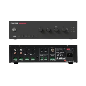 FON PROX-30 30W RMS PA amplifier with USB MP3 player, FM radio and 100V line speaker support front and rear view