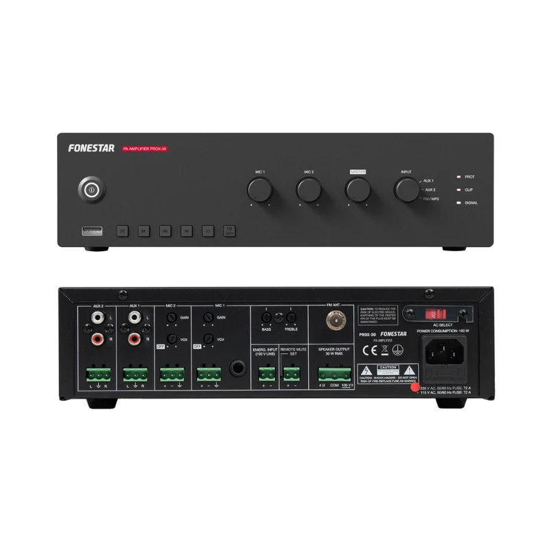 FON PROX-30 30W RMS PA amplifier with USB MP3 player, FM radio and 100V line speaker support front and rear view