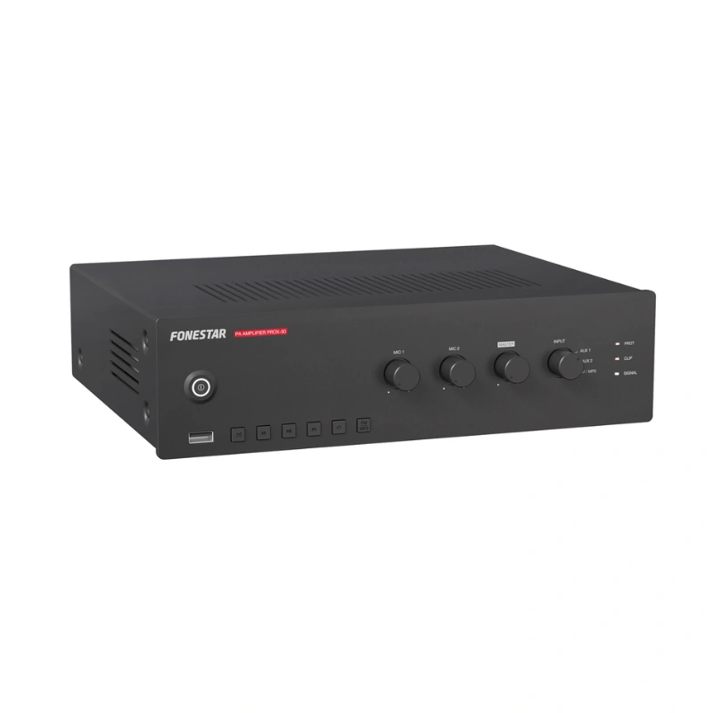 FON PROX-30 30W RMS PA amplifier with USB MP3 player, FM radio and 100V line speaker support front side view